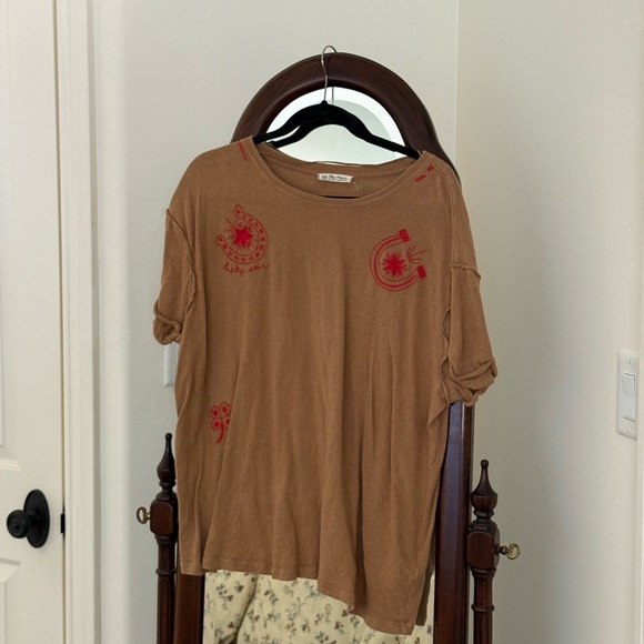 We The Free Tops - Free People Brown Graphic Tee with Red Western Accents